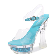 Womens Shiny Sandals Party Shoes Transparent Flowers High Heels
