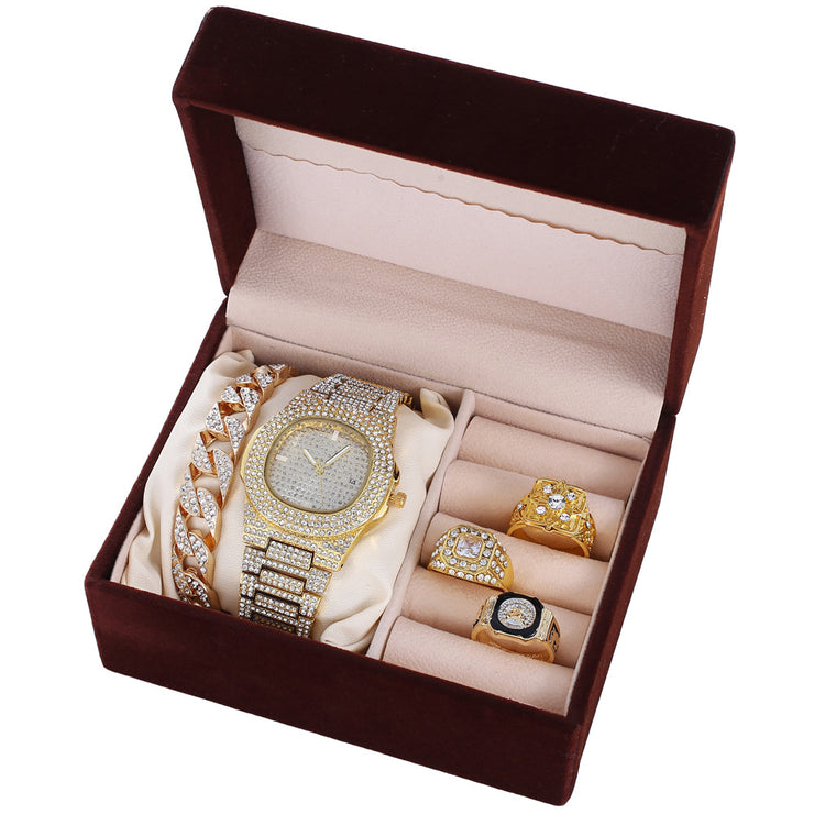 Fashionable Men's Accessories: Diamond Calendar Disc Watch Set