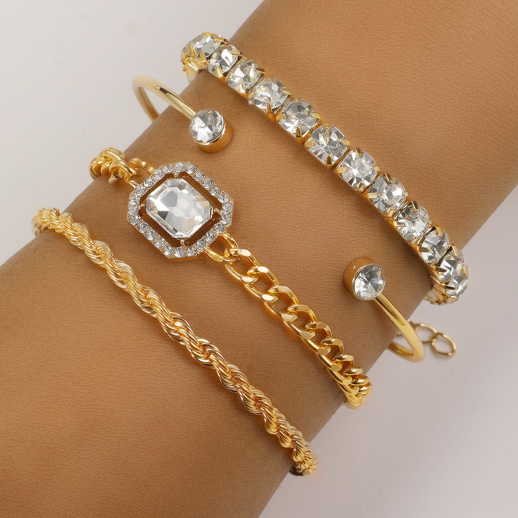Fashion Jewelry Vintage Personalized Twist Exaggerated Punk Diamond Open-ended Bracelet Suit 4 Pieces