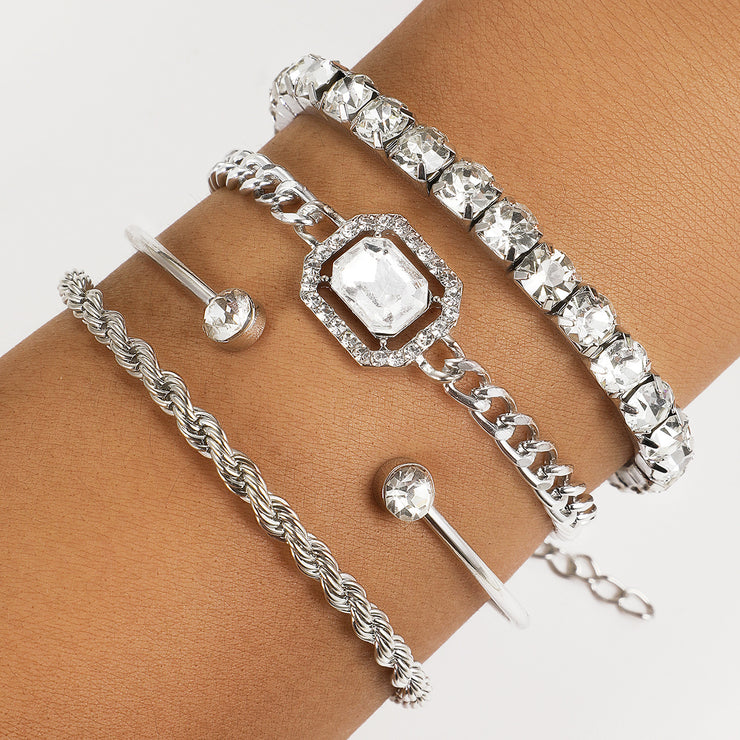Fashion Jewelry Vintage Personalized Twist Exaggerated Punk Diamond Open-ended Bracelet Suit 4 Pieces