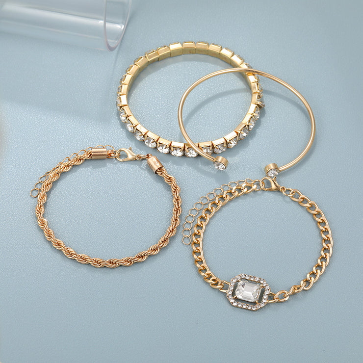 Fashion Jewelry Vintage Personalized Twist Exaggerated Punk Diamond Open-ended Bracelet Suit 4 Pieces