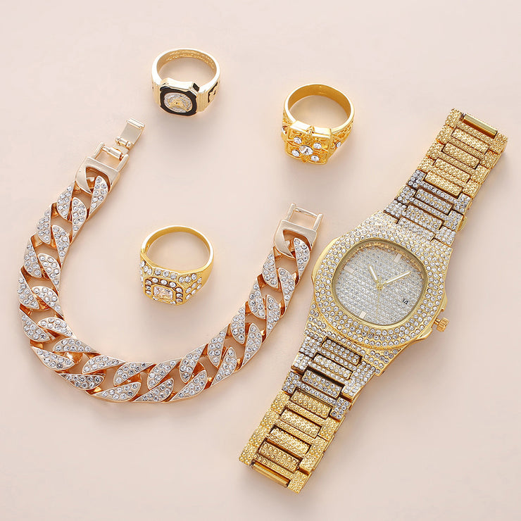 Fashionable Men's Accessories: Diamond Calendar Disc Watch Set